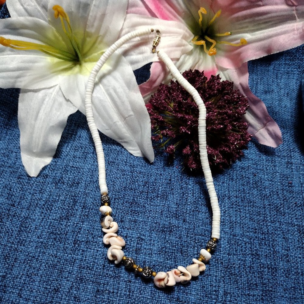Puka Shell Necklace with Rose Beads